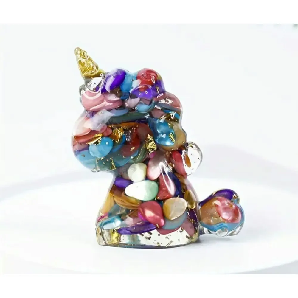 New!  Crushed Genuine Crystal Stone and Resin Unicorn in Multicolor with Gold
